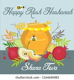 Rosh hashanah jewish new year holiday, greeting card. Honey, apple, pomegranate, bees, flowers. Vector illustration. banner design 