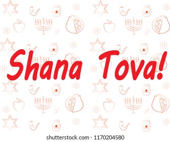 Rosh Hashanah (jewish new year) greeting card design with hand drawing apple, honey and pomegranate. Vector illustration. Traditional symbols. Shana Tova 