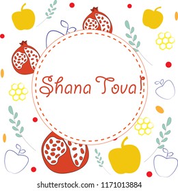 Rosh Hashanah (jewish new year) greeting card design with hand drawing apple, honey and pomegranate. Vector illustration. Traditional symbols. Shana Tova 