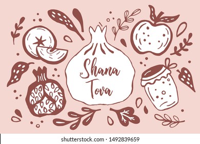 Rosh Hashanah (jewish new year) greeting card design with hand drawing apple, honey and pomegranate. Vector illustration