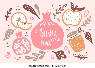 Rosh Hashanah (jewish new year) greeting card design with hand drawing apple, honey and pomegranate. Vector illustration