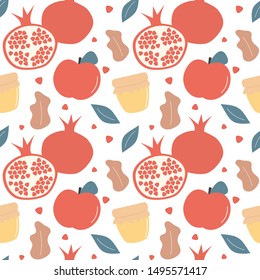 Rosh Hashanah Jewish New Year holiday seamless vector pattern background illustration with pomegranate, honey, leaves and apple for wallpaper and greeting cards