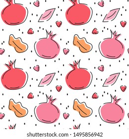 Rosh Hashanah Jewish New Year holiday seamless vector pattern background illustration with pomegranate, leaves and abstract elements