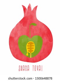 Rosh Hashanah (jewish new year) greeting card design with hand drawing apple, honey and pomegranate. Watercolor doodle style.