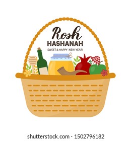 Rosh Hashanah (Jewish New Year) lettering with basket of traditional symbols pomegranate, apple, honey, shofar. Vector template for banner, typography poster, greeting card, invitation, flyer.