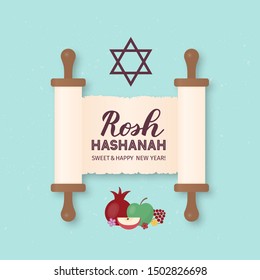 Rosh Hashanah (Jewish New Year) calligraphy hand lettering on old scroll paper. Easy to edit vector template for banner, typography poster, greeting card, invitation, flyer.