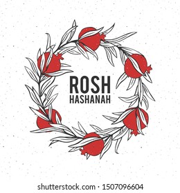 Rosh Hashanah (jewish new year) postcard or invitation template with hand drawn pomegranate wreath and greeting message; minimalist design in red, white, black; square composition; vector illustration