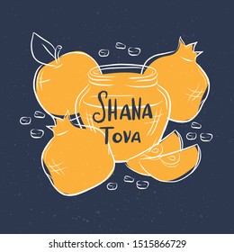 Rosh Hashanah Jewish new year holiday card with hand drawn lettering Shana Tova with outline apple, honey and pomegranate illustration for poster, banner, greeting card, harvest holiday invitation