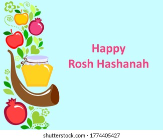 Rosh hashanah (jewish New Year holiday) concept. Traditional symbols. Template for postcard or invitation card, poster, banner. Vector illustration.