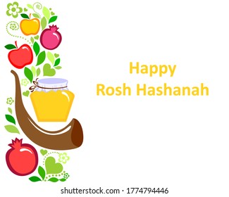 Rosh hashanah (jewish New Year holiday) concept. Traditional symbols. Template for postcard or invitation card, poster, banner. Vector illustration.