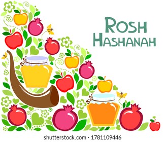 Rosh hashanah (jewish New Year holiday) concept. Greeting card. Traditional symbols. Template for postcard or invitation card, poster, banner. Horizont banner. Vector illustration