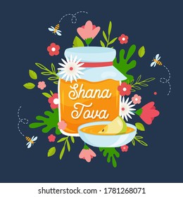 Rosh hashanah jewish new year. Greeting card with symbols of Jewish holiday Rosh Hashana, New Year. Shana Tova - Blessing of Happy new year. Vector illustration design