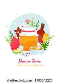 Rosh hashanah jewish new year holiday greeting card design. Greeting cards with symbols of Jewish holiday Rosh Hashana, New Year. Shana Tova - Blessing of Happy new year. Vector illustration design