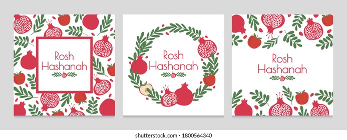 Rosh hashanah. Jewish new year greeting cards with pomegranate and apple. Judaism shana tova holiday vector backgrounds. Wreath with plant leaves and fruit. Festive event invitation set
