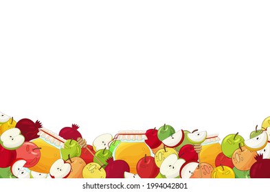 Rosh Hashanah Jewish New Year background. Shana Tova, Jewish Holiday Rosh Hashanah greeting card template. Symbols of Jewish holiday Rosh Hashana, New Year. Honey, apples, nuts, pomegranate. 