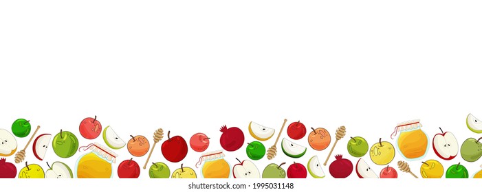 Rosh Hashanah Jewish New Year background. Jewish Holiday Rosh Hashanah frame. Honey, apples, pomegranate, Shana Tova. For lettering, text, Invitation, greeting card. Rosh Hashanah banner, border.