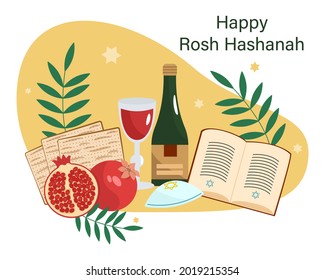 Rosh Hashanah, Jewish New Year, greeting card design with pomegranates, matzoh, wine, book, Star of David. Vector illustration