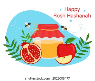 Rosh Hashanah (Jewish New Year) greeting card design with apples, honey, pomegranate, green leaves and bees on a blue background. Vector illustration for print and web