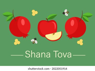 Rosh Hashanah (Jewish New Year) greeting card design with apples, pomegranates and bees on a green background. Vector illustration