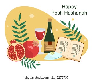 Rosh Hashanah, Jewish New Year, greeting card design with pomegranates, kipa, wine, book, Star of David. Vector illustration