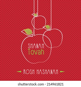 rosh hashanah jewish new year holiday greeting card- hanging white outlined apples isolated on red background with green details