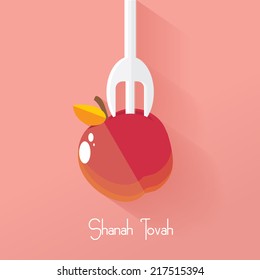 rosh hashanah jewish new year holiday vector illustration- fork in red apple with honey isolated on pink background with trendy long shadow- flat design