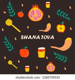  Rosh Hashanah (jewish new year) greeting card design with hand drawing apple, honey and pomegranate. Vector illustration