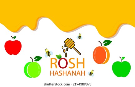 Rosh Hashanah Jewish New Year apple and honey, vector art illustration.