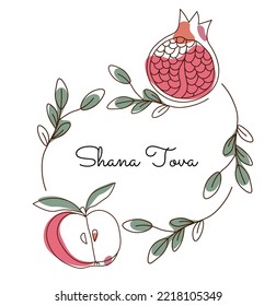 Rosh hashanah jewish new year poster with pomegranate and apple in continuous line style