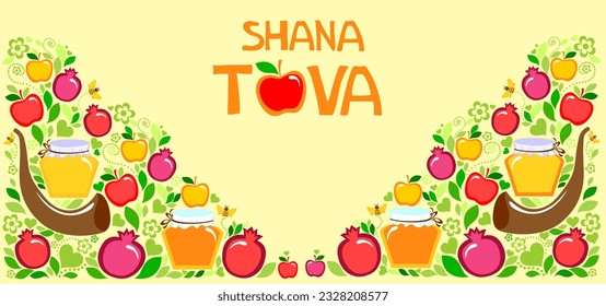 Rosh hashanah (jewish New Year holiday) concept. Traditional symbols. Template for postcard or invitation card, poster, banner. Horizont banner. Greeting, invitation card or flyer. Vector illustration