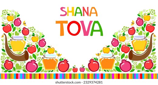 Rosh hashanah (jewish New Year holiday) concept. Traditional symbols. Template for postcard or invitation card, poster, banner. Horizont banner. Greeting, invitation card or flyer. Vector illustration