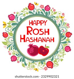 Rosh hashanah (jewish New Year holiday) concept. Traditional symbols. Template for postcard or invitation card, poster, banner. Horizont banner. Greeting, invitation card or flyer. Vector illustration