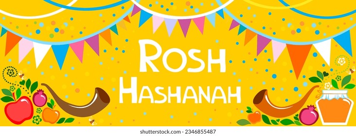 Rosh hashanah (jewish New Year holiday) concept. Traditional symbols. Template for postcard or invitation card, poster, banner. Horizont banner. Greeting, invitation card or flyer. Vector illustration