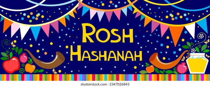 Rosh hashanah (jewish New Year holiday) concept. Traditional symbols. Template for postcard or invitation card, poster, banner. Horizont banner. Greeting, invitation card or flyer. Vector illustration