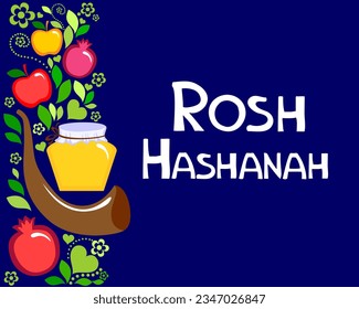 Rosh hashanah (jewish New Year holiday) concept. Traditional symbols. Template for postcard or invitation card, poster, banner. Horizont banner. Greeting, invitation card or flyer. Vector illustration