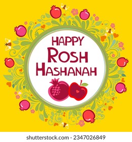 Rosh hashanah (jewish New Year holiday) concept. Traditional symbols. Template for postcard or invitation card, poster, banner. Horizont banner. Greeting, invitation card or flyer. Vector illustration