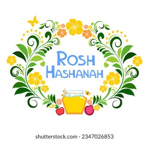 Rosh hashanah (jewish New Year holiday) concept. Traditional symbols. Template for postcard or invitation card, poster, banner. Horizont banner. Greeting, invitation card or flyer. Vector illustration