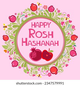 Rosh hashanah (jewish New Year holiday) concept. Traditional symbols. Template for postcard or invitation card, poster, banner. Horizont banner. Greeting, invitation card or flyer. Vector illustration