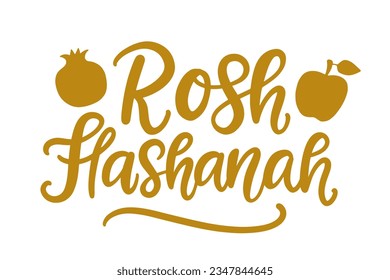 Rosh Hashanah Jewish New Year Greeting Card with hand written lettering, modern calligrahy, isolated on white. Poster, postcard, poster, banner template 