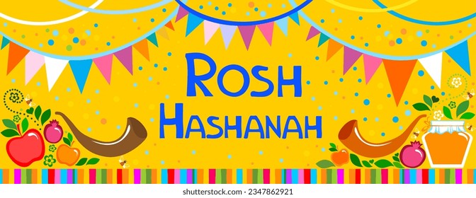 Rosh hashanah (jewish New Year holiday) concept. Traditional symbols. Template for postcard or invitation card, poster, banner. Horizont banner. Greeting, invitation card or flyer. Vector illustration