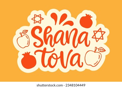 Rosh Hashanah Jewish New Year greeting card sticker with hand written lettering, modern calligrahy, isolated on white. Poster, postcard, poster, banner template 