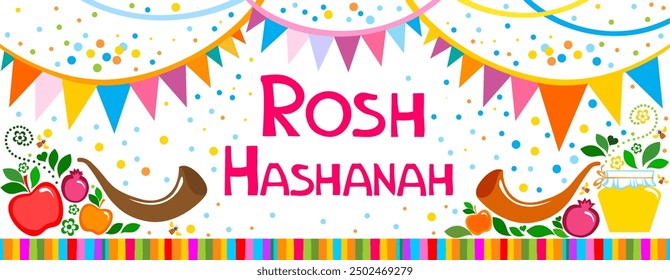 Rosh hashanah (jewish New Year holiday) concept. Traditional symbols. Template for postcard or invitation card, poster, banner. Horizont banner. Greeting, invitation card or flyer. Vector illustration