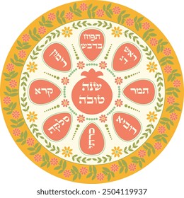 Rosh Hashanah jewish new year meal platter illustration with hebrew names.Translation from Hebrew "A good year" 