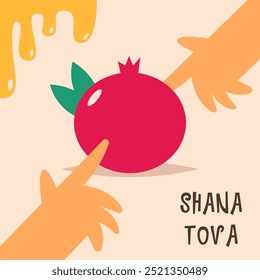 Rosh Hashanah. Jüdisches Neujahr. Granatapfel mit jüdischen Händen und Honig. Flache Vektorgrafik im Cartoonstil.