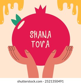 Rosh Hashanah. Jüdische Neujahrskarte, Umschlag, Feiertagswebbanner, Poster. Granatapfel mit jüdischen Händen und Honig. Flache Vektorgrafik im Cartoonstil.