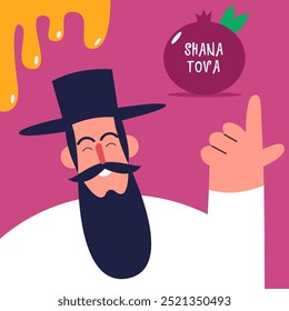 Rosh Hashanah. Jüdische Neujahrskarte, Umschlag, Feiertagswebbanner, Poster. Granatapfel mit jüdischem Mann und Honig. Flache Vektorgrafik im Cartoonstil.