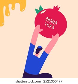 Rosh Hashanah. Jüdische Neujahrskarte, Umschlag, Feiertagswebbanner, Poster. Granatapfel mit jüdischem Honig. Flache Vektorgrafik im Cartoonstil.