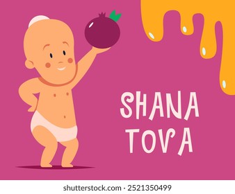 Rosh Hashanah. Jüdische Neujahrskarte, Umschlag, Feiertagswebbanner, Poster. Granatapfel mit jüdischem Baby und Honig. Flache Vektorgrafik im Cartoonstil.