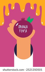 Rosh Hashanah. Jüdische Neujahrskarte, Umschlag, Feiertagswebbanner, Poster. Granatapfel mit jüdischer Hand und Honig. Flache Vektorgrafik im Cartoonstil.