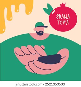 Rosh Hashanah. Jüdische Neujahrskarte, Umschlag, Feiertagswebbanner, Poster. Granatapfel mit jüdischem Jungen in App und Honig. Flache Vektorgrafik im Cartoonstil.